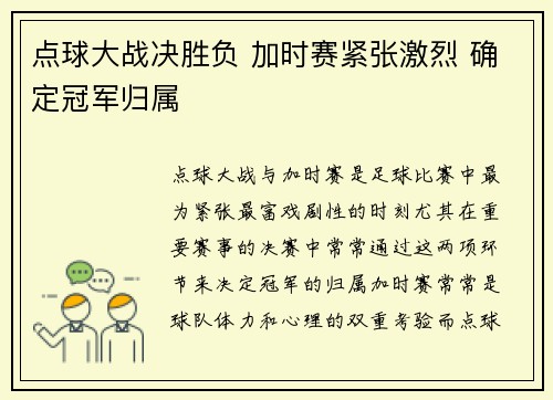 点球大战决胜负 加时赛紧张激烈 确定冠军归属