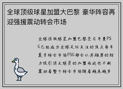 全球顶级球星加盟大巴黎 豪华阵容再迎强援震动转会市场