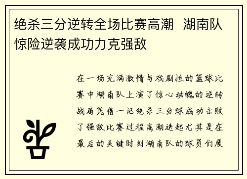 绝杀三分逆转全场比赛高潮  湖南队惊险逆袭成功力克强敌